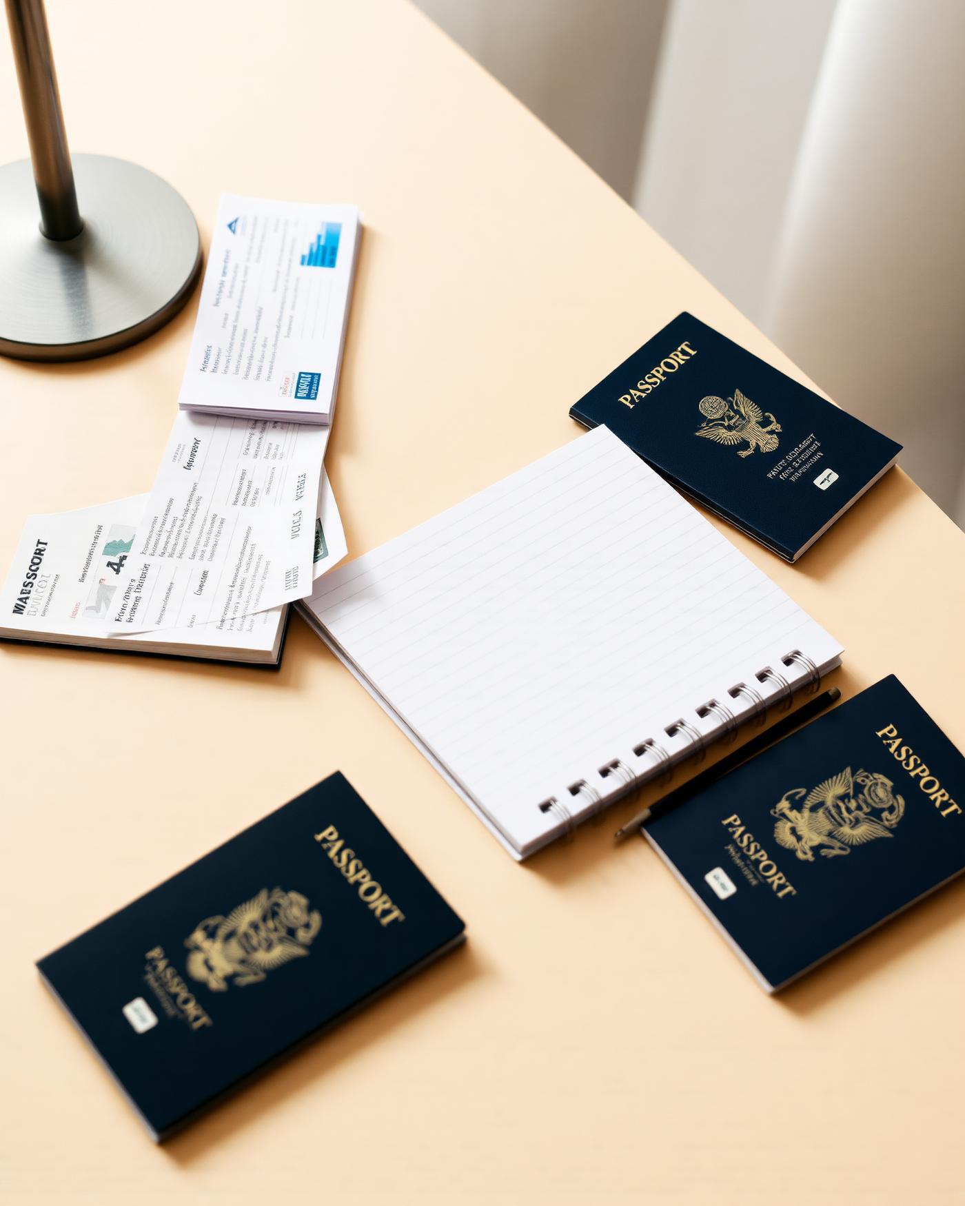 Travel documents and an itinerary notebook on a desk